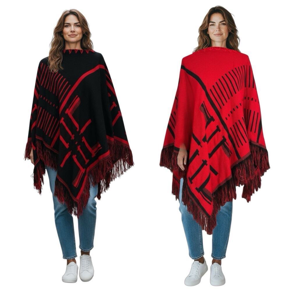 Kensie Red Black Southwestern Fringe Poncho Sweater Reversible Shawl Holiday O/S
